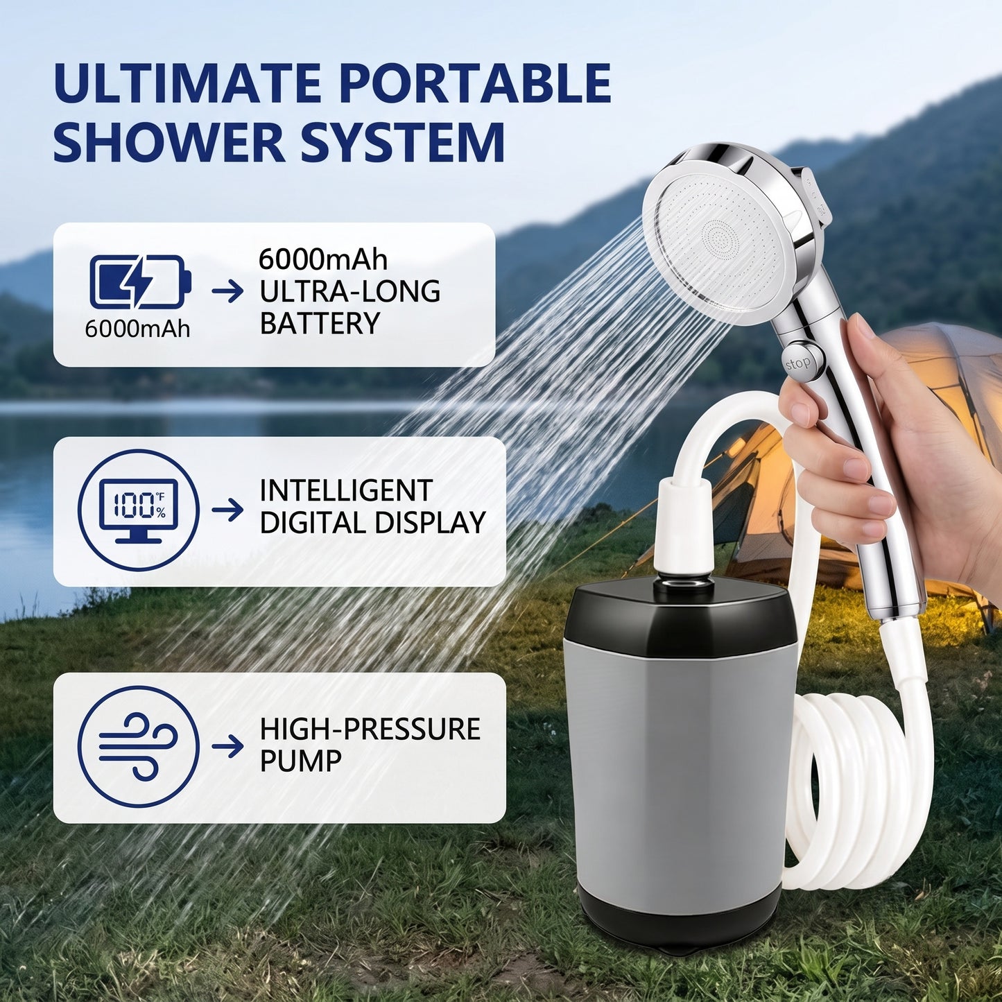 6000mAh Portable Outdoor Shower Pump - 3-Speed Camping Shower, Orange - detail image
