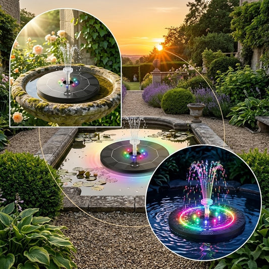 3W Solar Fountain with Battery, Includes 6 Different Nozzles, Round 16cm, 1200mAh