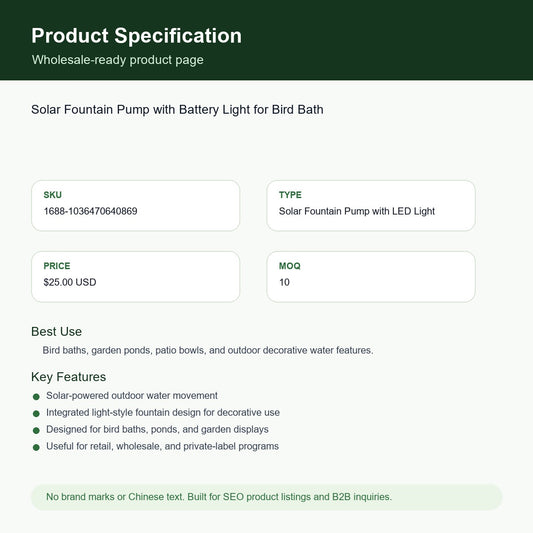 Solar Fountain Pump with Battery Light for Bird Bath SKU 1036470640869 specification sheet