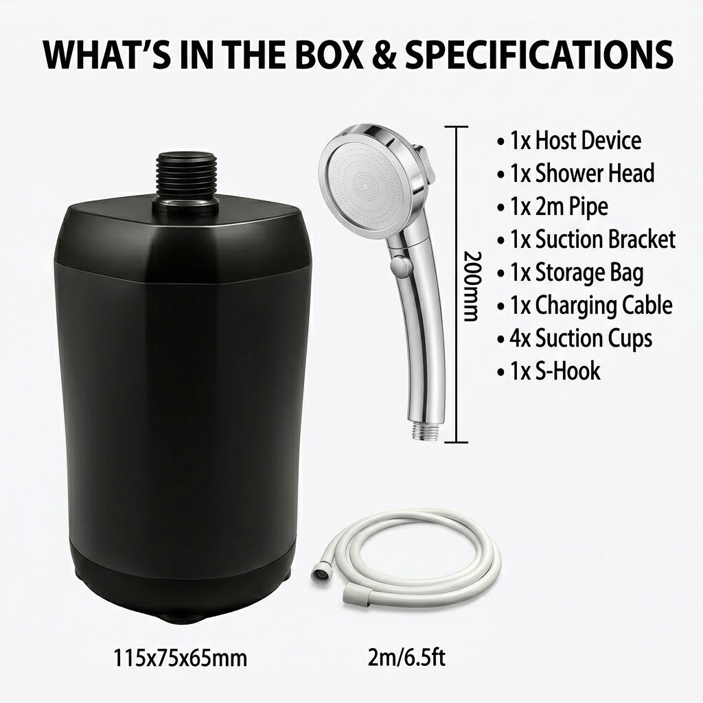 6000mAh Portable Outdoor Shower Pump - 3-Speed Camping Shower, Black
