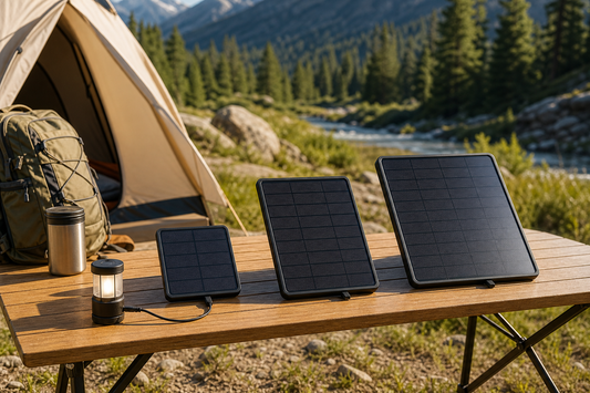 Three standalone USB solar panels beside a campsite LED lantern