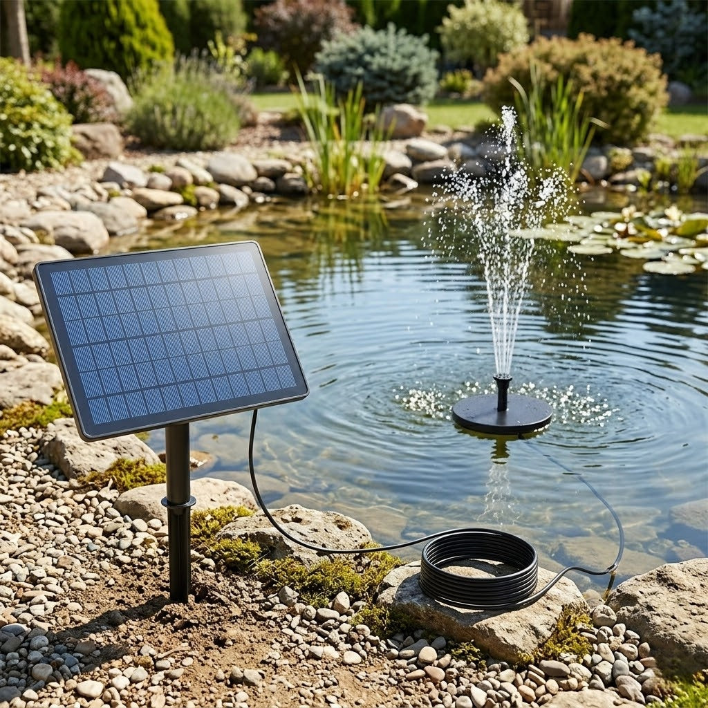 9W Solar Fountain with Ground Stake, 2.8m Extension Cable, Super Power, 6 Different Nozzles, 1 x 150cm Clear Tube, 1 x Round Foam Board