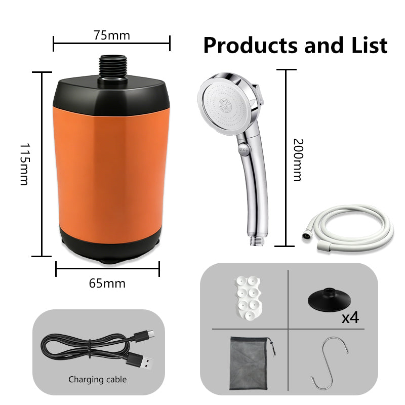 6000mAh Portable Outdoor Shower Pump - 3-Speed Camping Shower, Orange - main product image