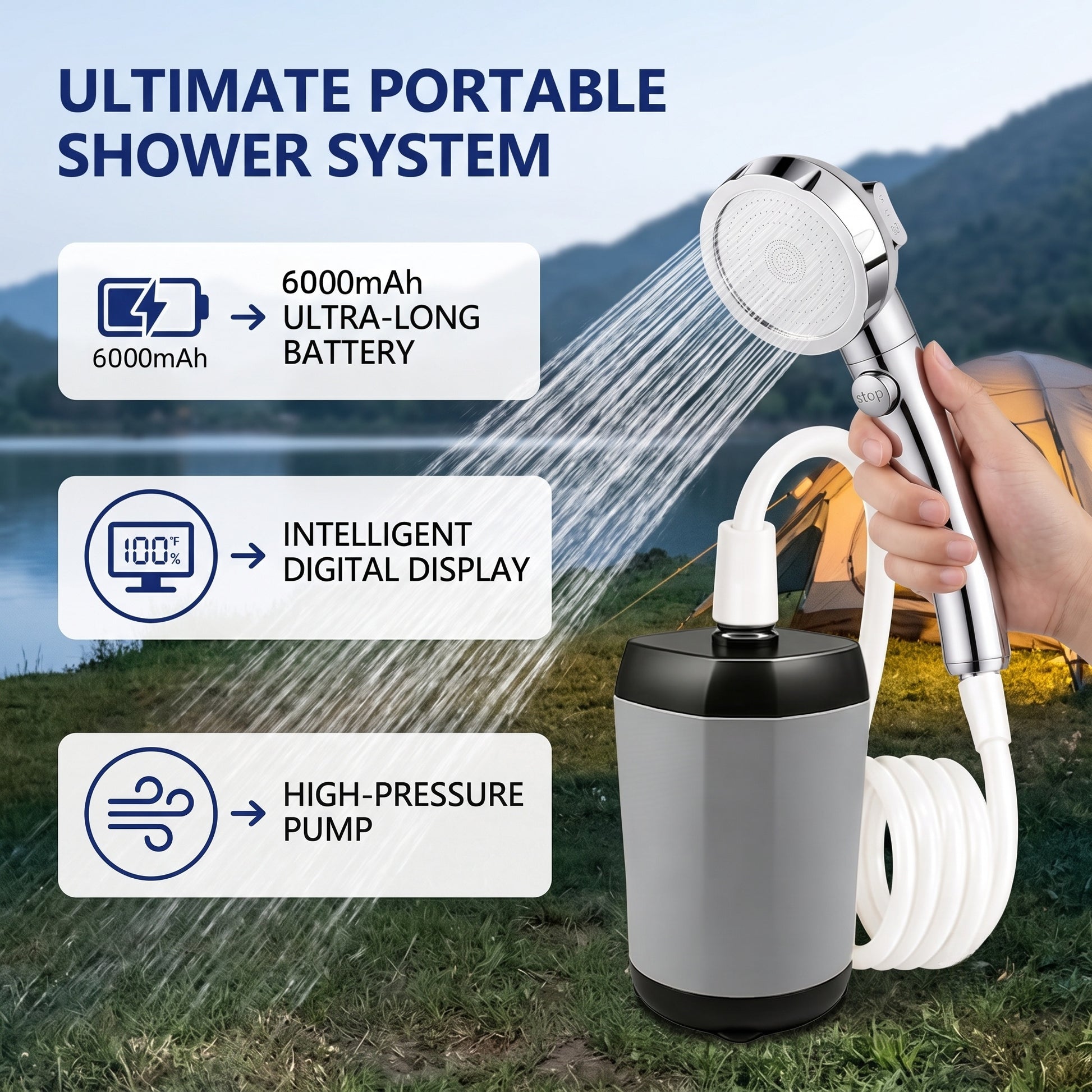 6000mAh Portable Outdoor Shower Pump - 3-Speed Camping Shower, Orange - detail image