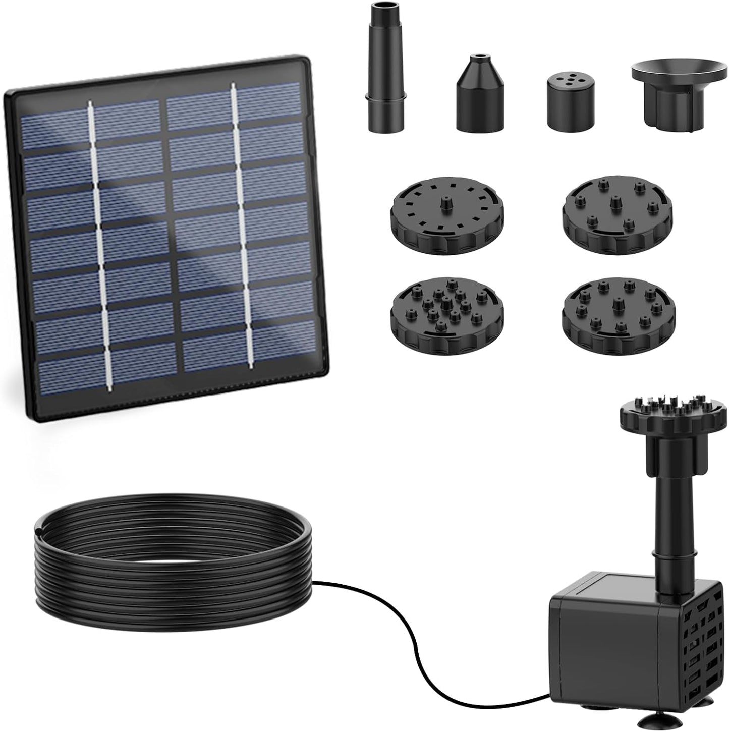 1.5W epoxy resin solar fountain with 10m cable, 11cm solar panel, 6 different nozzles