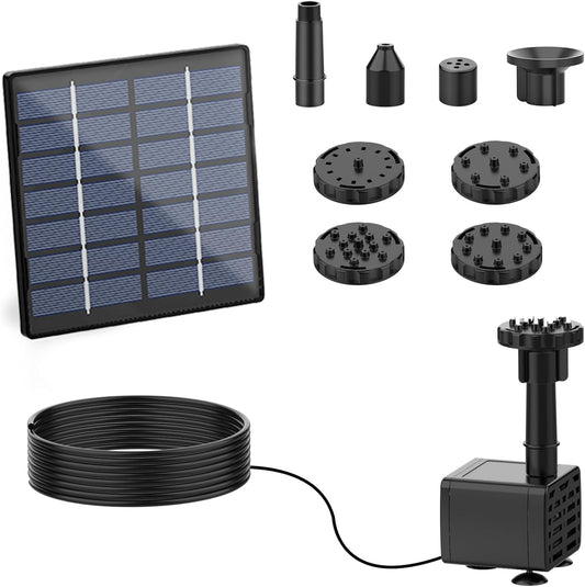 1.5W Waterproof Solar Fountain Pump with 10m Cable - 11cm Panel 6 Nozzles