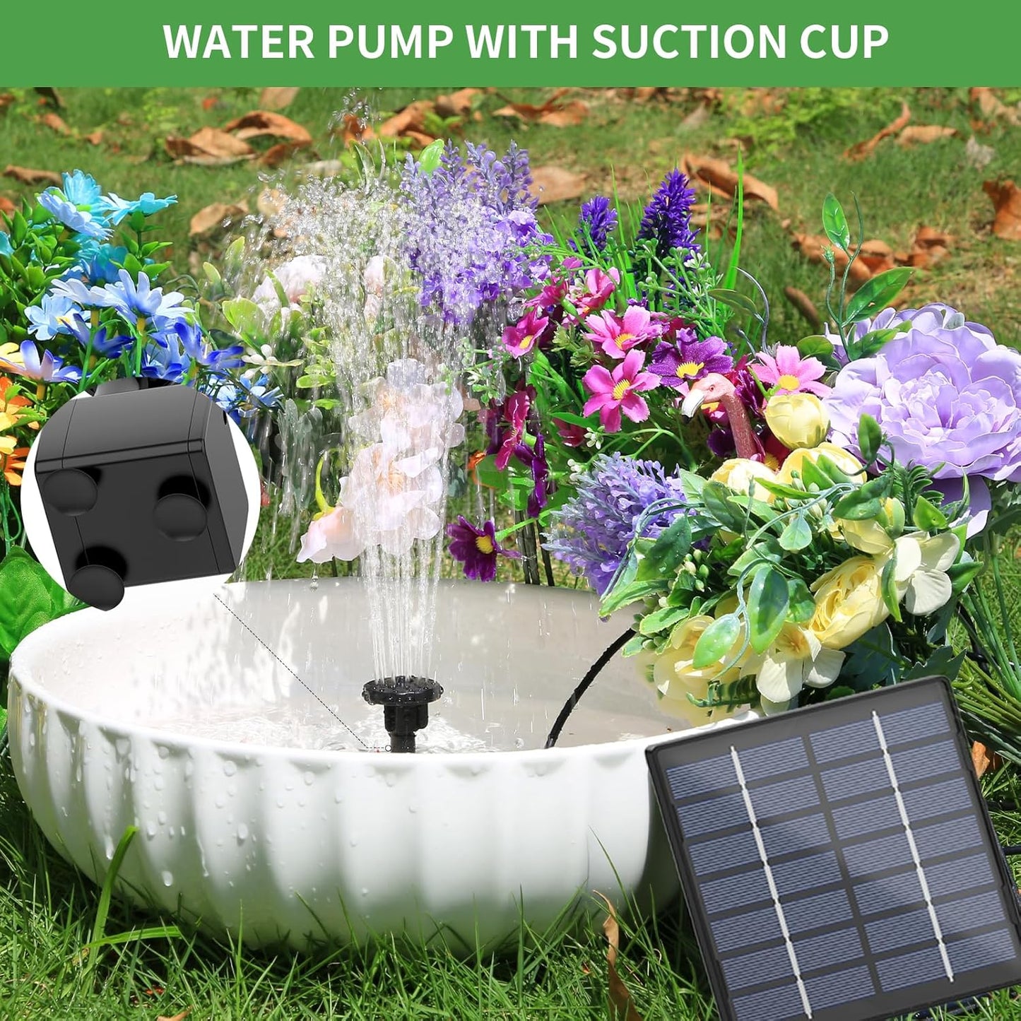 1.5W epoxy resin solar fountain with 10m cable, 11cm solar panel, 6 different nozzles