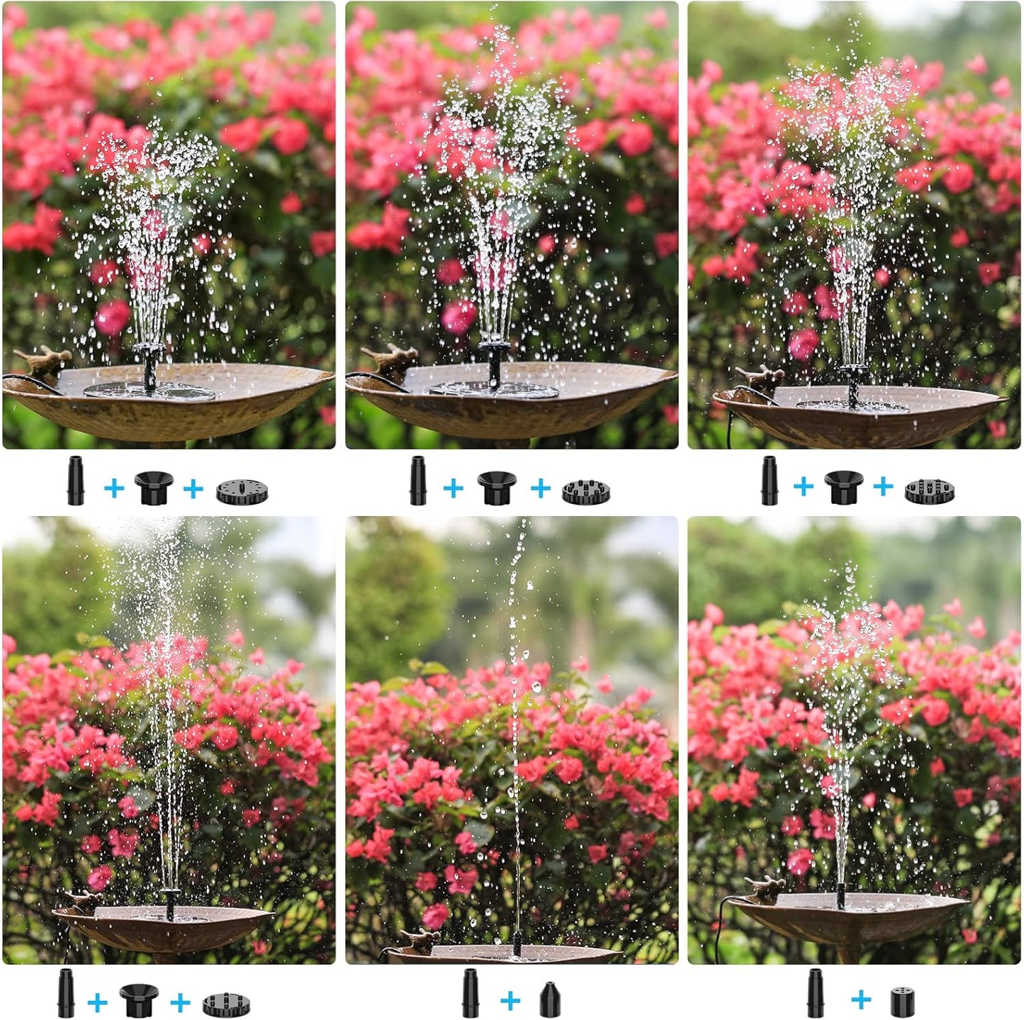 5W Solar Fountain with 10m Extension Cable, 1 Pump Head and Float Board, 6 Nozzles, 19*22cm Panel