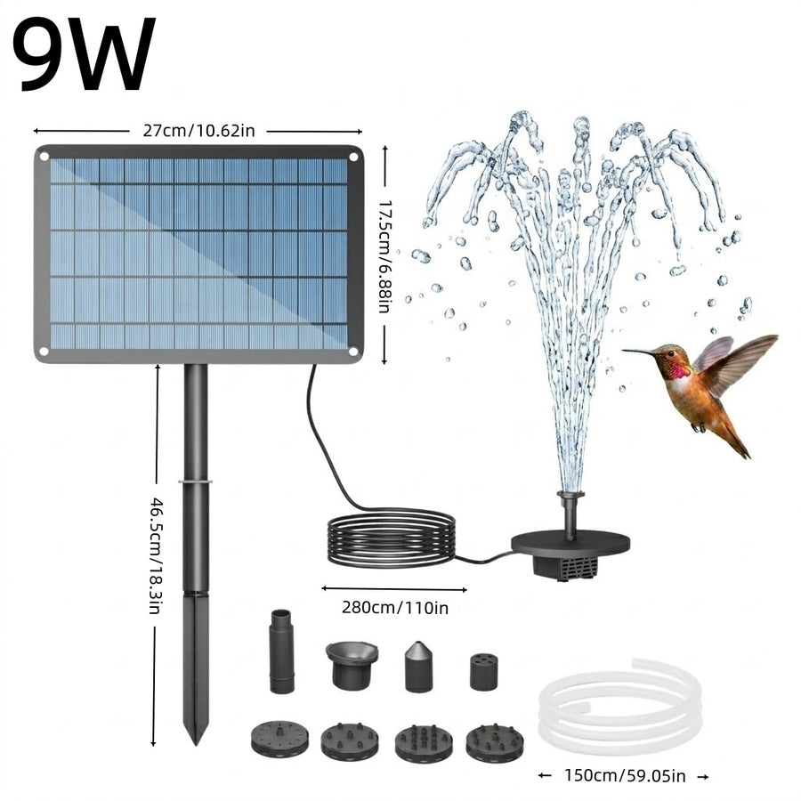 9W Solar Fountain with Ground Stake, 2.8m Extension Cable, Super Power, 6 Different Nozzles, 1 x 150cm Clear Tube, 1 x Round Foam Board