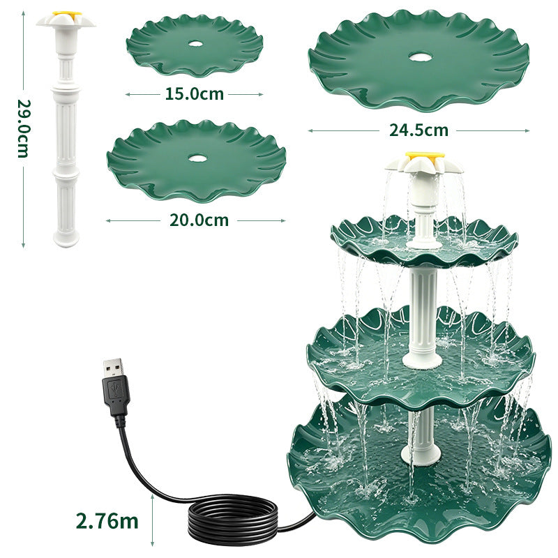 3W Nine-Petal Three-Tier Flowing Solar Fountain, USB, Battery, with Lights, Dark Green Transparent