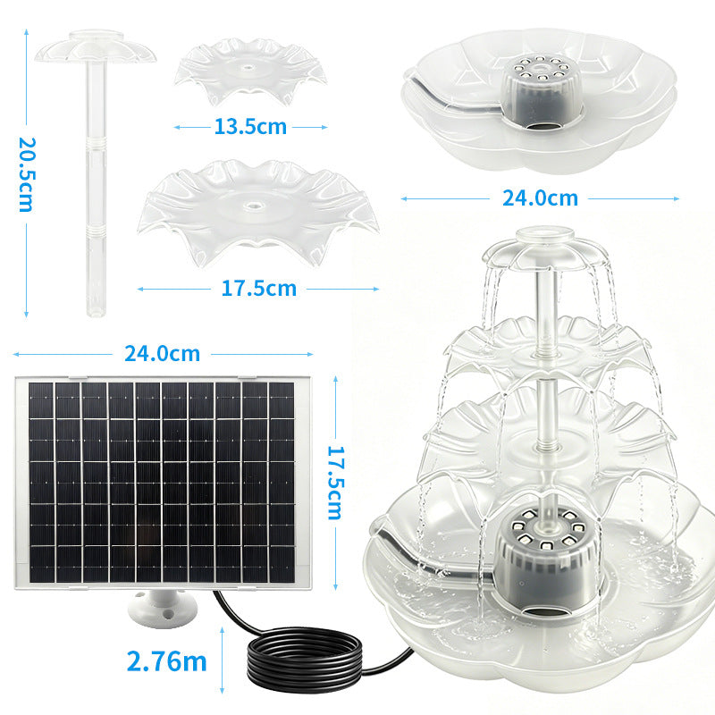 3W Nine-Petal Three-Tier Flowing Solar Fountain, USB, Battery, with Lights, Dark Green Transparent