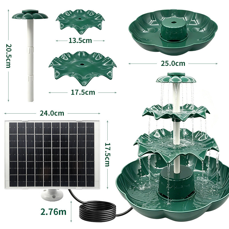 3W Nine-Petal Three-Tier Flowing Solar Fountain, USB, Battery, with Lights, Dark Green Transparent