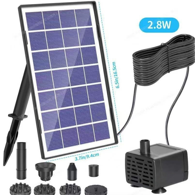 2.8W split solar fountain with ground stake, 6 different nozzle types, 3m extension cord