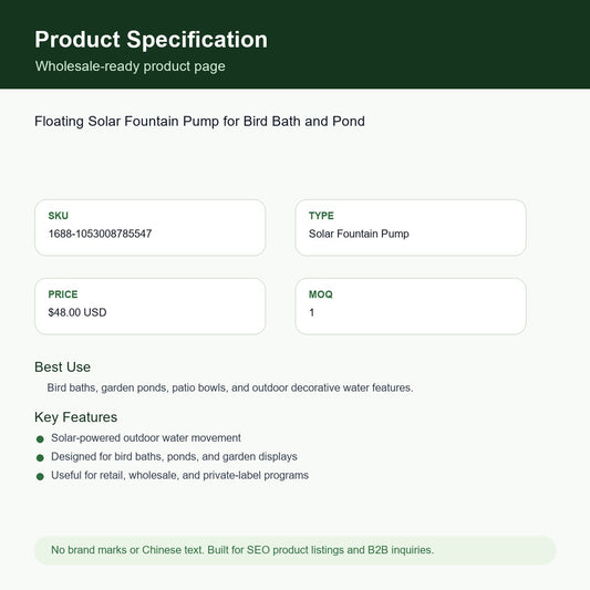 Floating Solar Fountain Pump for Bird Bath and Pond SKU 1053008785547 specification sheet
