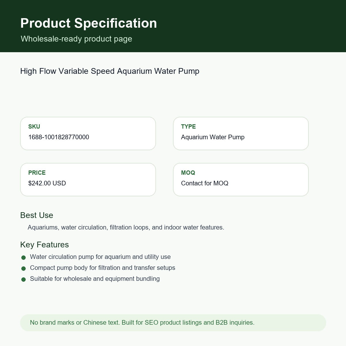 High Flow Variable Speed Aquarium Water Pump SKU 1001828770000 specification sheet