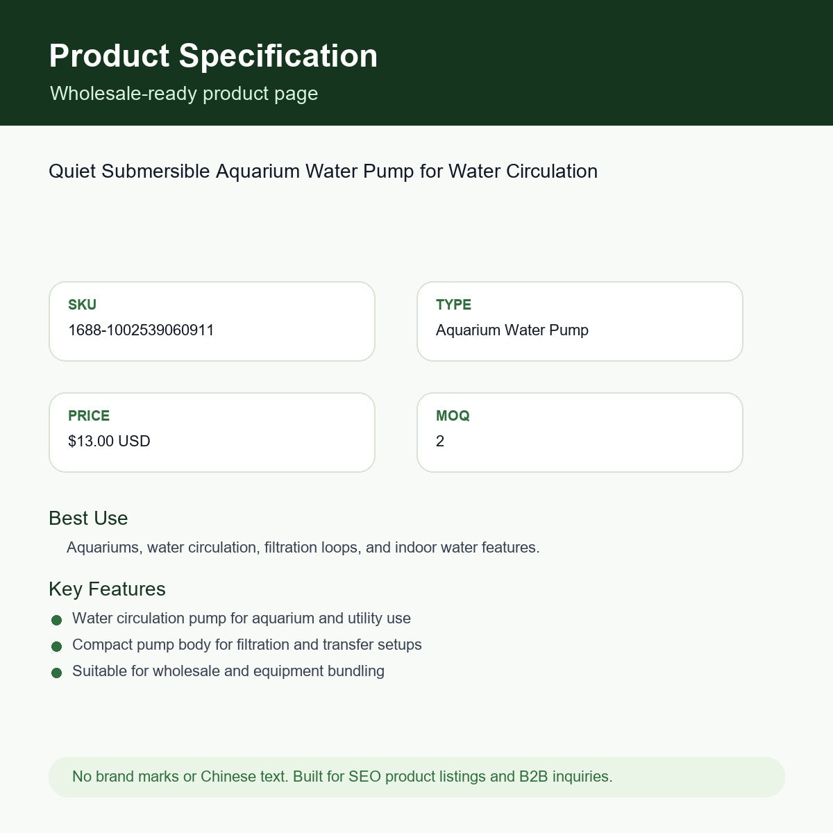 Quiet Submersible Aquarium Water Pump for Water Circulation SKU 1002539060911 specification sheet