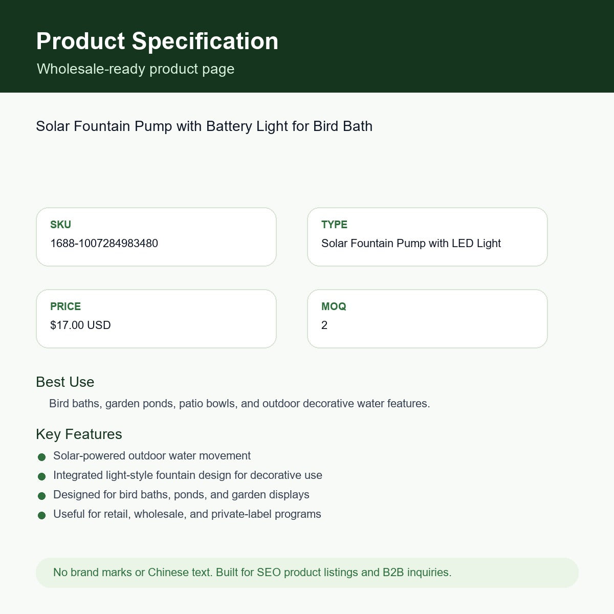 Solar Fountain Pump with Battery Light for Bird Bath SKU 1007284983480 specification sheet