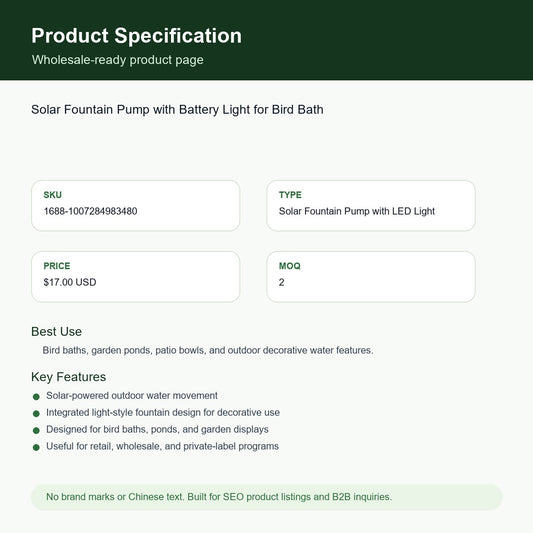 Solar Fountain Pump with Battery Light for Bird Bath SKU 1007284983480 specification sheet