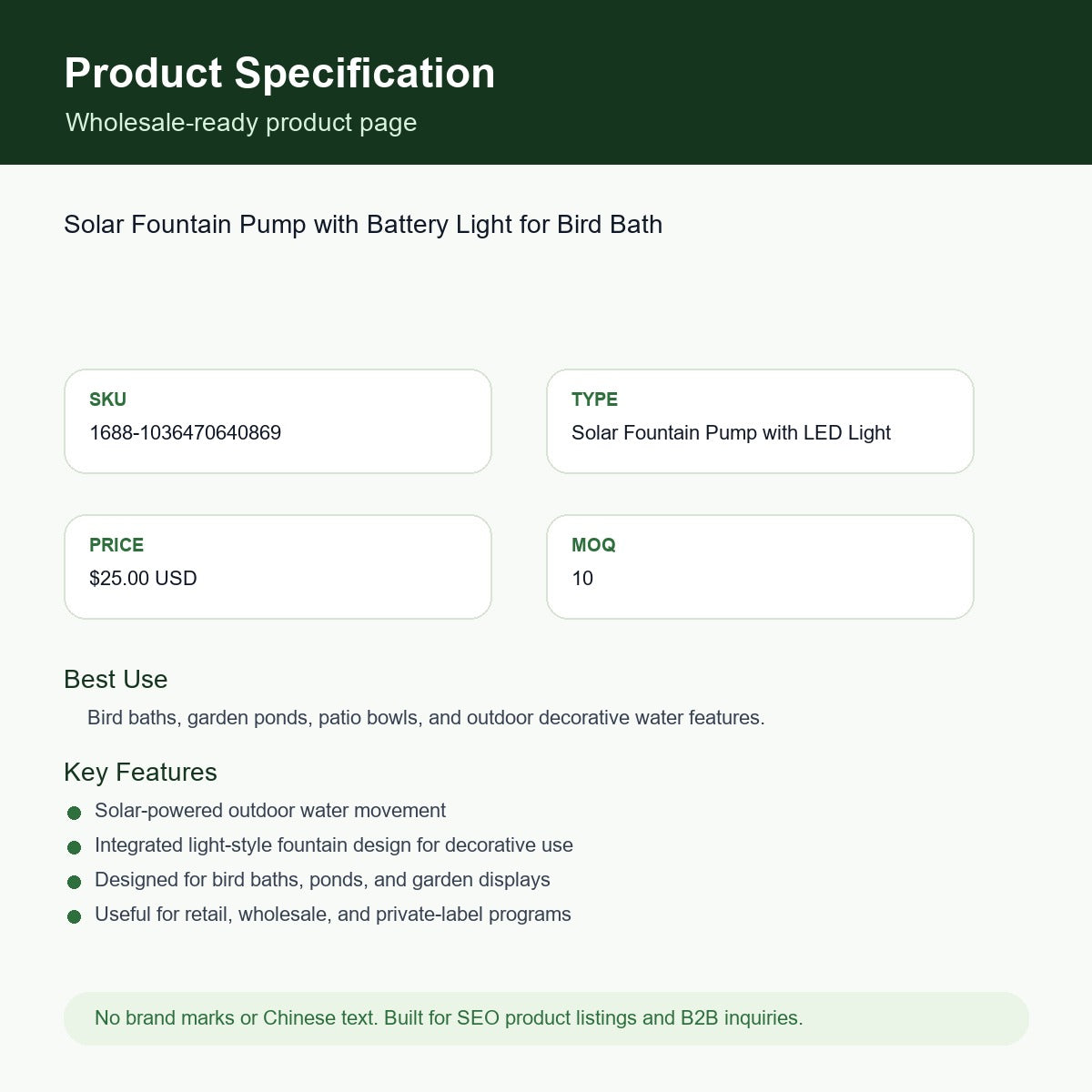 Solar Fountain Pump with Battery Light for Bird Bath SKU 1036470640869 specification sheet