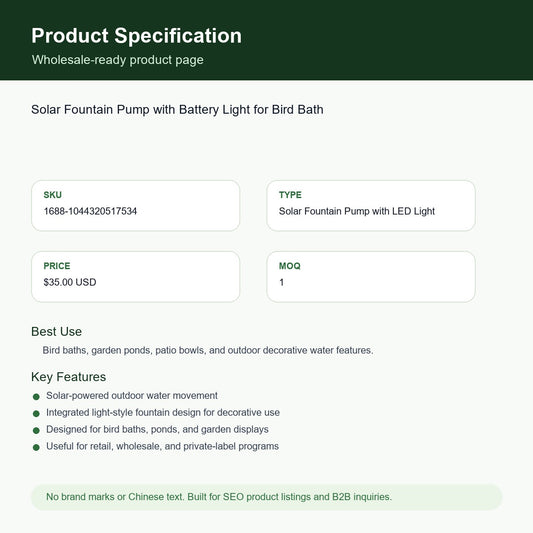 Solar Fountain Pump with Battery Light for Bird Bath SKU 1044320517534 specification sheet