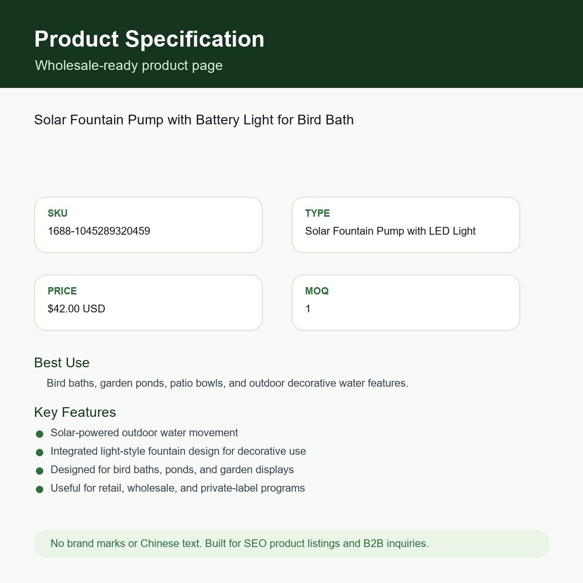 Solar Fountain Pump with Battery Light for Bird Bath SKU 1045289320459 specification sheet