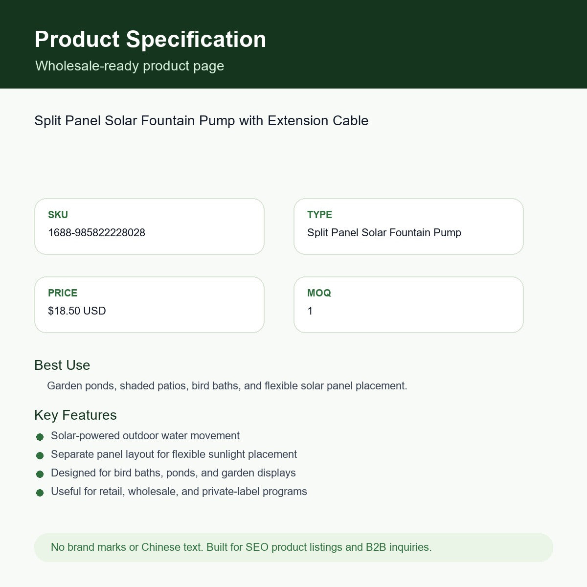 Split Panel Solar Fountain Pump with Extension Cable SKU 985822228028 specification sheet