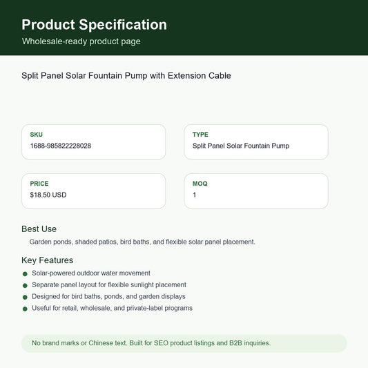 Split Panel Solar Fountain Pump with Extension Cable SKU 985822228028 specification sheet