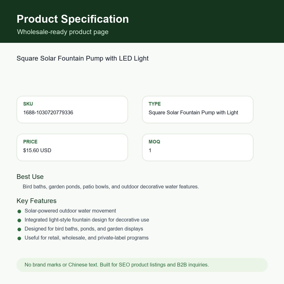 Square Solar Fountain Pump with LED Light SKU 1030720779336 specification sheet