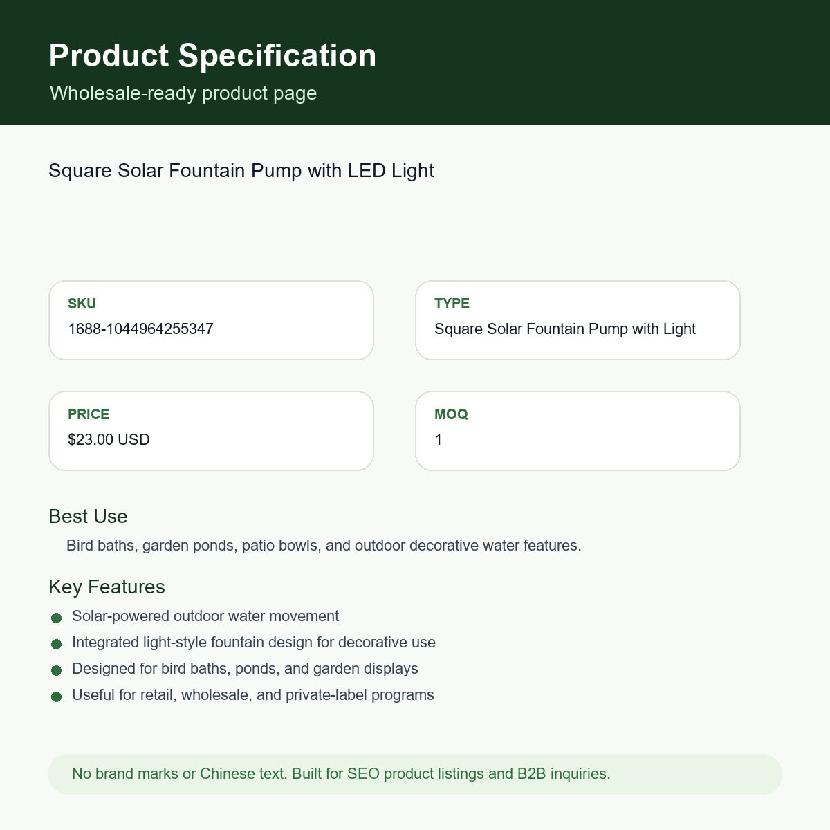 Square Solar Fountain Pump with LED Light SKU 1044964255347 specification sheet