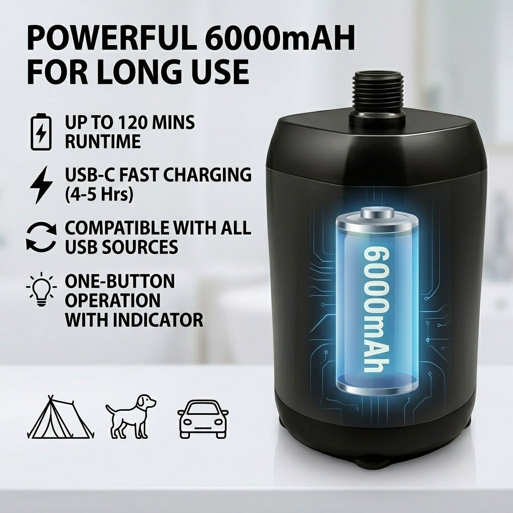 6000mAh Portable Outdoor Shower Pump - 3-Speed Camping Shower, Black