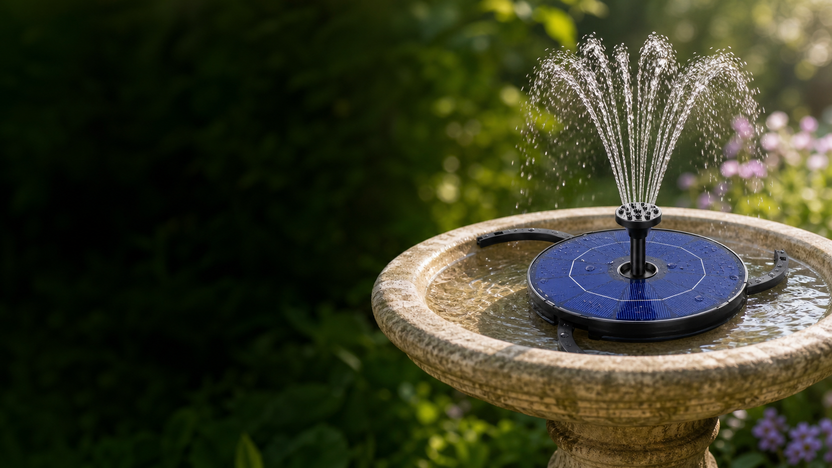 Floating solar fountain in a bird bath