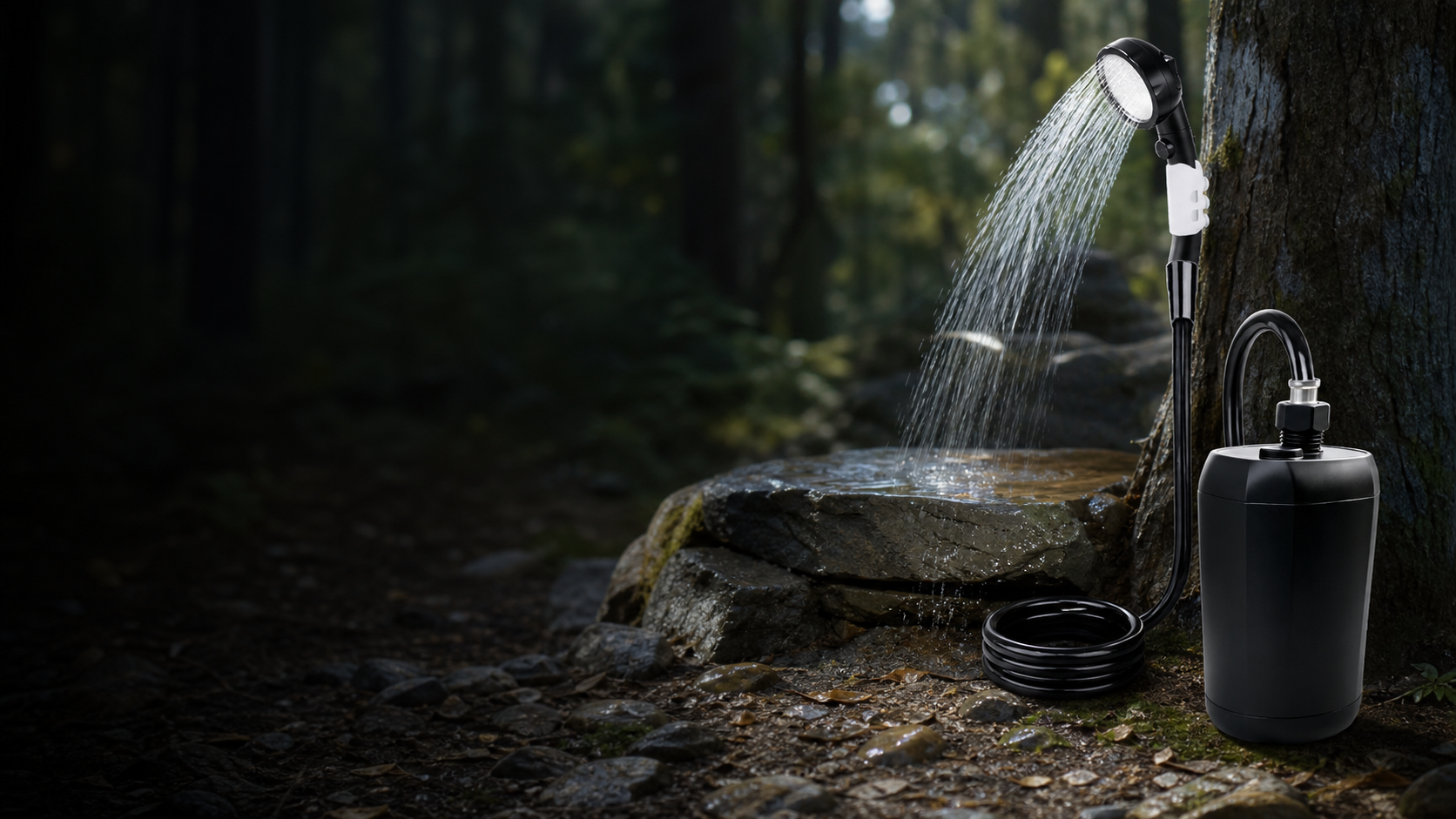 Portable outdoor shower at a campsite
